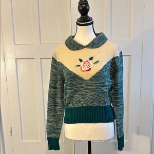 Teal and Cream Women's Cowl Neck Sweater with Rose Embroidery